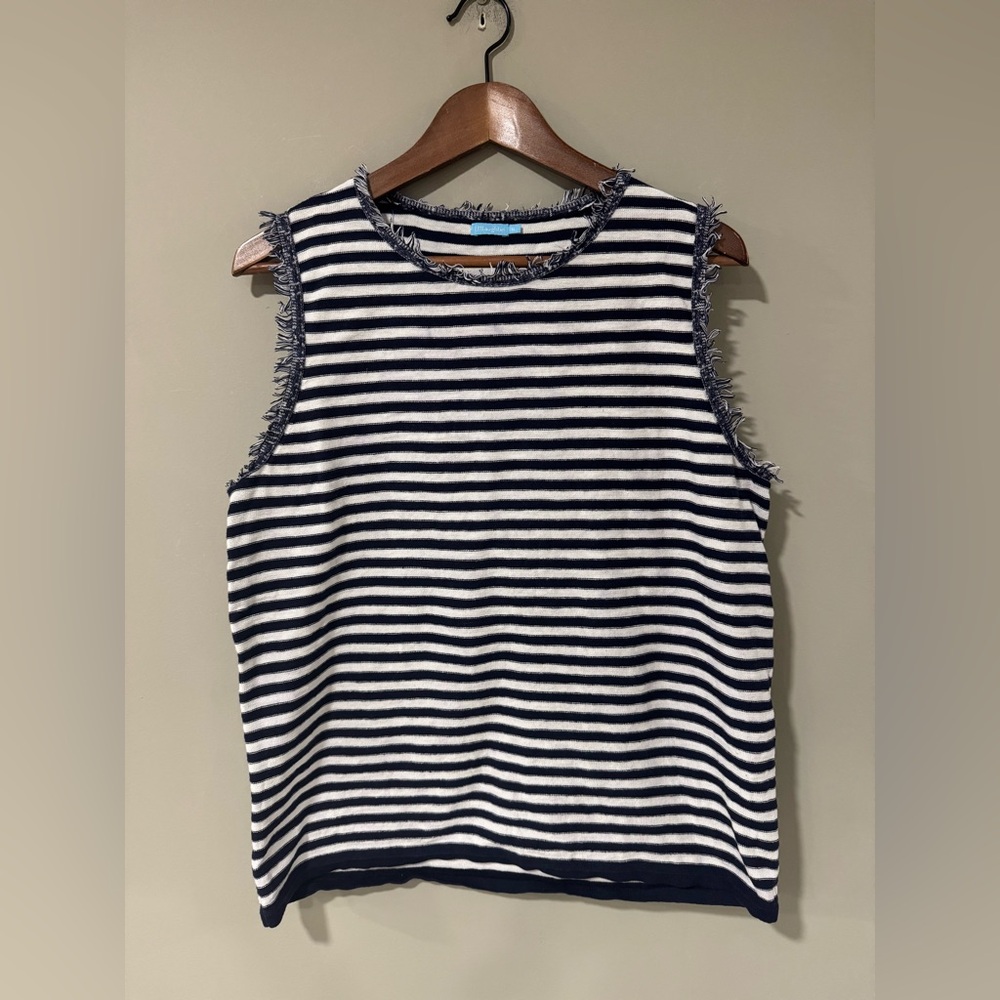 J.McLaughlin Navy White Striped Sleeveless Fringe Knit Top Women's XL